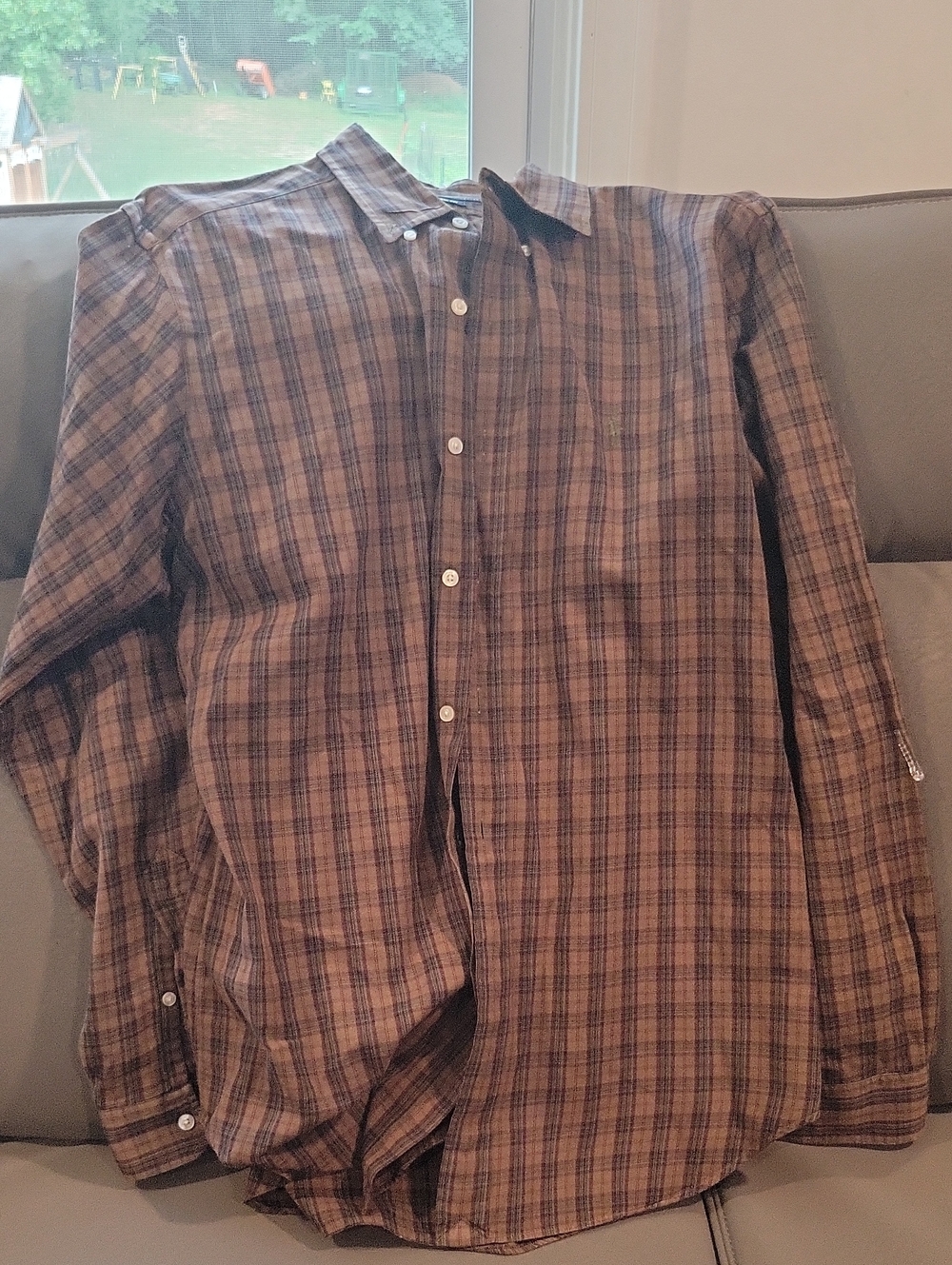 Men's Brown Plaid Button-Up Shirt - Casual Long Sleeve